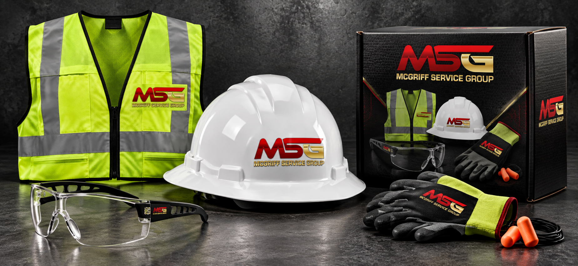 Concept preview of MSG-branded safety vest, hard hat, safety glasses, gloves, hearing protection and PPE starter kit